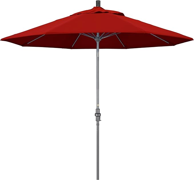 California Umbrella 9' Rd. Crank Lift, Collar Tilt, Aluminum Pole, Fiberglass Rib Patio Umbrella, Hammertone Grey Finish, Sunbrella Jockey Red