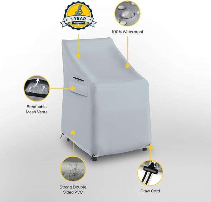 Seal Skin Covers Waterproof High-Back Chair Cover, Heavy Duty Outdoor Furniture Cover with Drawstring, Air Vent, Durable Fabric (Gray, 27" L x 27W x 49" H)