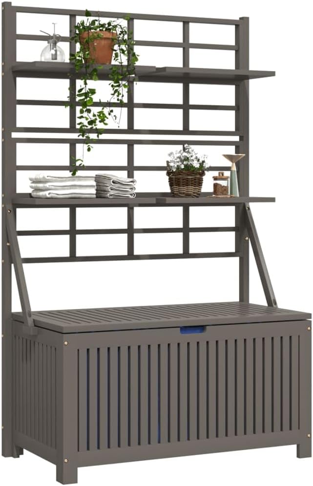 Solid Acacia Wood Storage Box with Trellis, Large Outdoor Storage Box for Garden Tools and Supplies, Rustic Grey Weather-Resistant Organizer, 39 x 20 x 63 in Durable