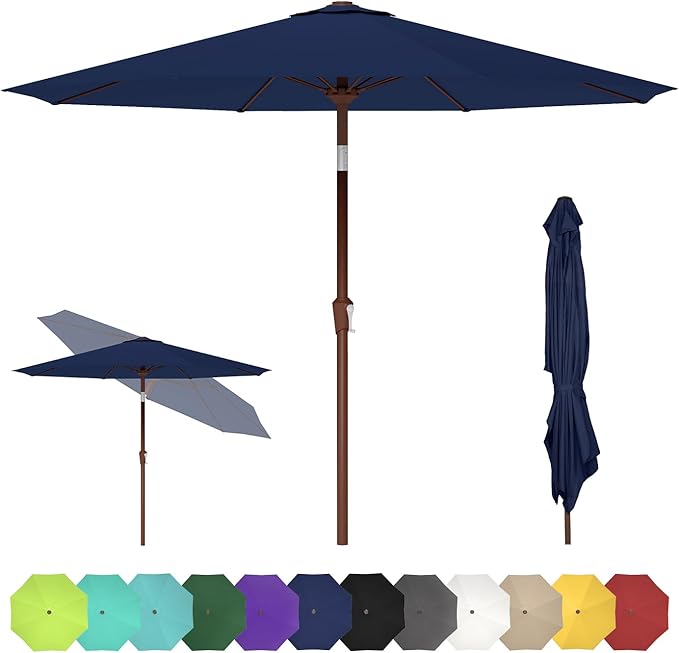 GREENVINES 9-FT-Patio-Umbrella | Outdoor-Table-Umbrellas | 8 Sturdy Fiberglass Ribs | Push Button Tilt & Crank | Waterproof | Market Umbrella | for Pool Backyard Garden Deck | Navy Blue