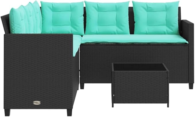 Patio Sofa with Table and Cushions, Patio Conversation Set Bistro Set Outdoor Dining Sets Front Porch Furniture for Negotiation Area Garden Poolside Exhibition L-Shaped Black Poly Rattan