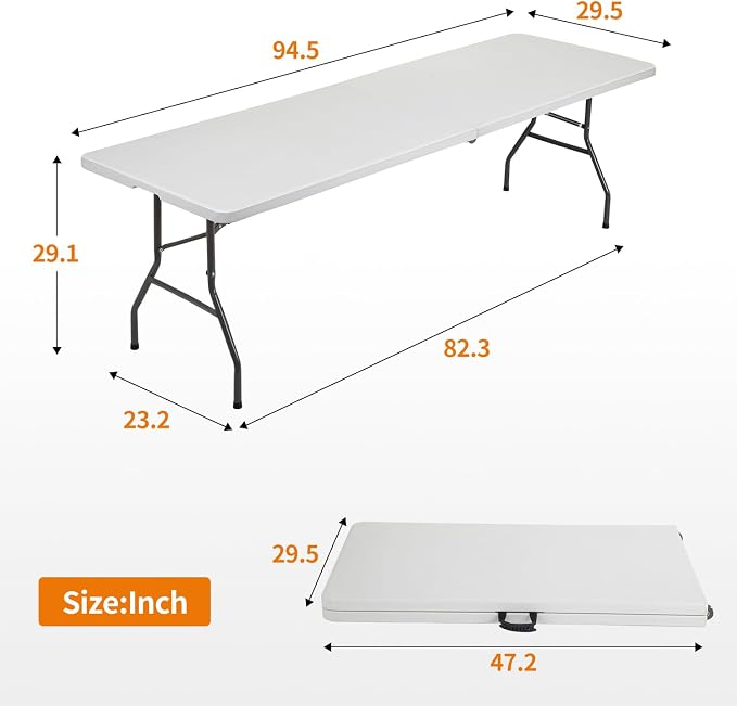 BestOffice 8 FT Picnic Table Plastic Camping Table Portable Square Height Folding Table Perfect for Picnics, Parties, Party and Camping, White