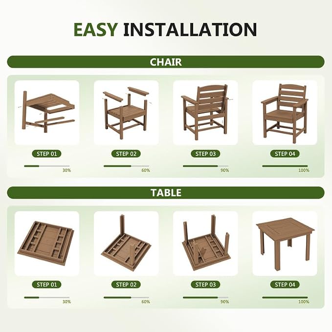 KINGYES HDPE Outdoor Dining Set for 4 with Umbrella, 6-Piece Square Patio Table & Armchairs, All-Weather for Backyard, Garden, Lawn & Poolside, Brown