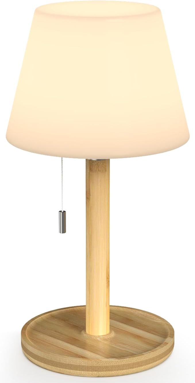 Outdoor Waterproof Table Lamp for Patio, Small Cordless Battery-Operated Lamp, Rechargeable Shower Light, 3 Lighting Modes Desk Light with Pull Chain Garden Outside Camping Bathroom, Wood Grain