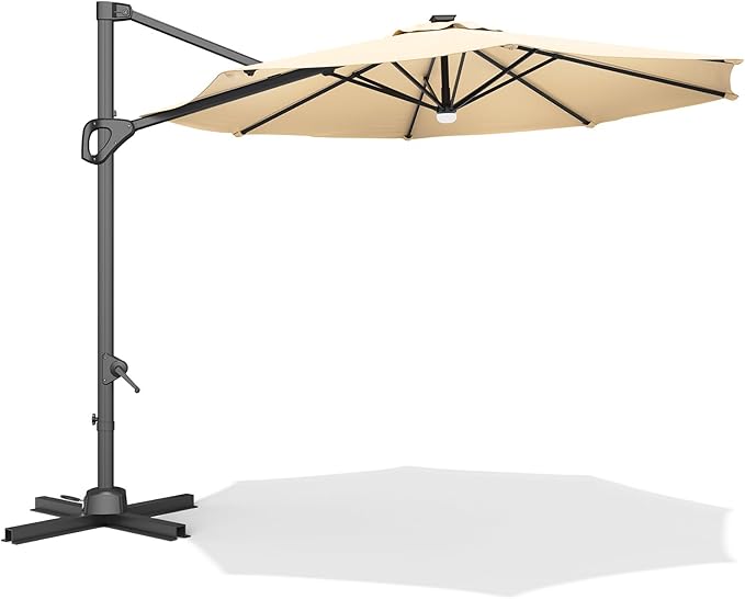 10 Ft Offset Patio Umbrella with Base Included, Round Cantilever Umbrella with UV Protective And Water Resistant Canopy, 360° Rotation, Integrated Tilting System, Beige
