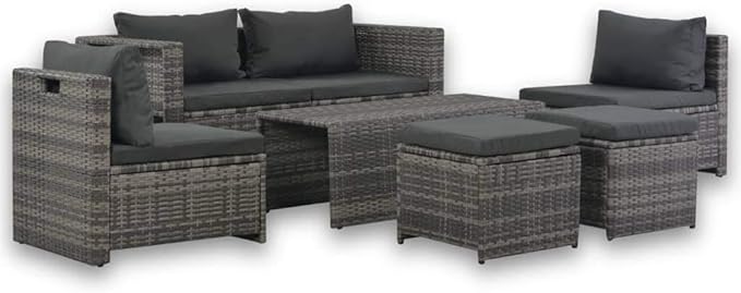 Patio Outdoor Rattan Chairs, PE Rattan Patio Conversation Set, Garden Backyard Balcony Porch Poolside Furniture Sets 6 Piece Garden Lounge Set with Cushions Poly Rattan Gray
