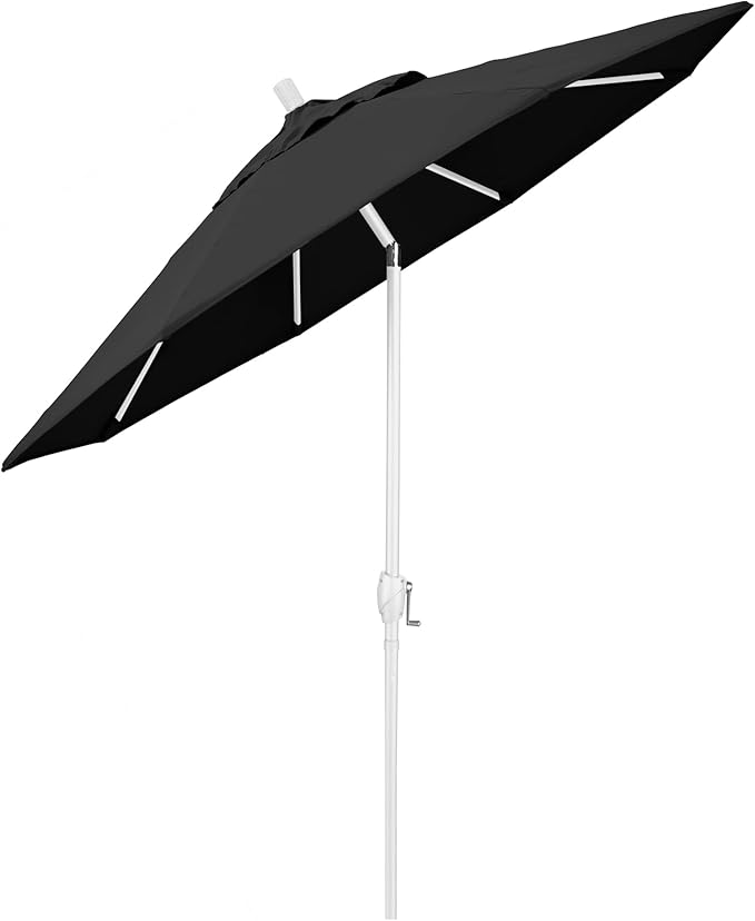 California Umbrella 9' Round Aluminum Market Umbrella, Crank Lift, Push Button Tilt, White Pole, Black Olefin