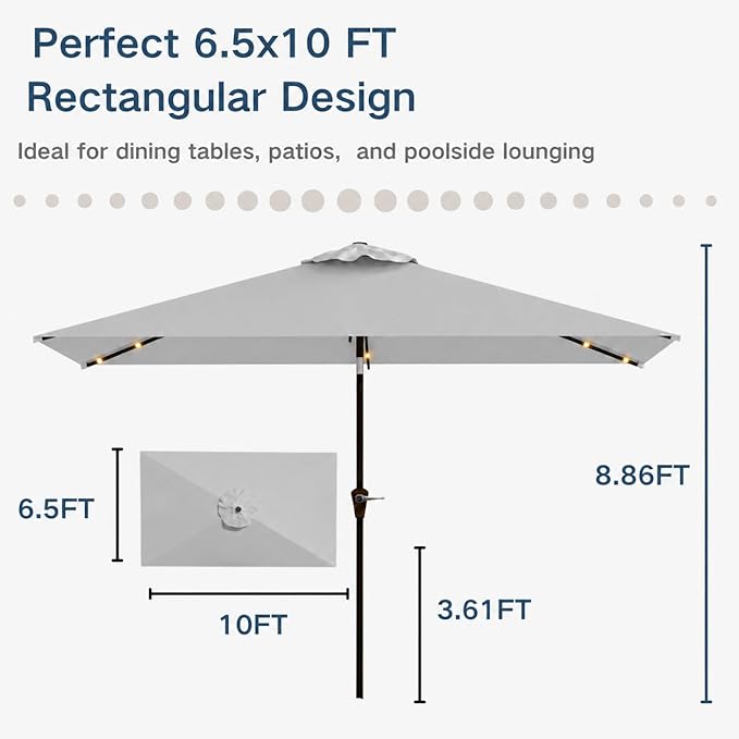 6.5 x 10ft Rectangular Patio Umbrella with Solar Lights, 16 LED Lighted Market Umbrella with Push-Button Tilt and Crank, 6 Sturdy Iron Ribs for Garden, Deck, Pool, Light Gray