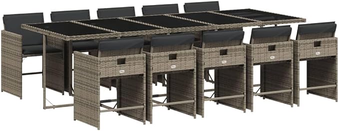 11-Piece Patio Dining Set Gray Poly Rattan with Cushions & Tempered Glass Table, Outdoor Furniture Set for Garden Backyard Balcony Porch