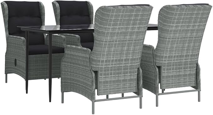 5 Piece Patio Dining Set Light Gray Poly Rattan with Adjustable Reclining Chairs, Outdoor Garden Dining Table and 4 Chairs with Thick Cushions for Backyard Poolside Lawn