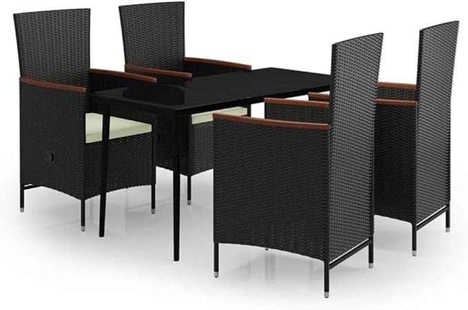 BOWERY HILL Powder-Coated Steel 5-Piece Garden Dining Set, Black Frame with Cream Cushions, Rectangular Glass Tabletop, Weather-Resistant Outdoor Patio Furniture for Gardens, Terraces, and Balconies
