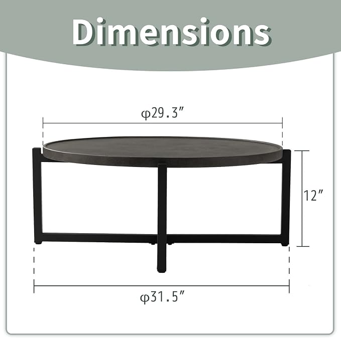 SUNBURY Outdoor Coffee Table Dark Grey, Round Top 12''H x 31.5''W Patio Coffee Table Concrete Finish, Cross Member Support w 4 Legs, Metal Frame