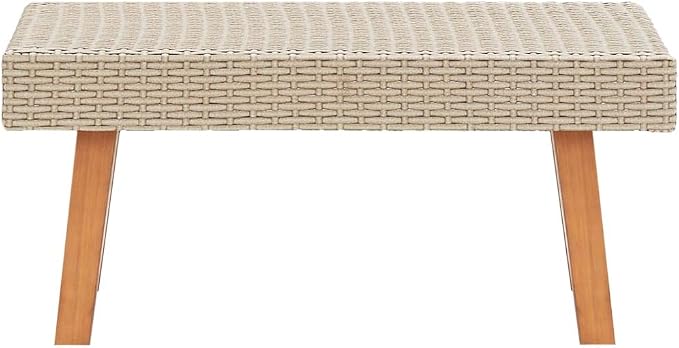 Patio Coffee Table Beige Synthetic Poly Rattan Outdoor Furniture for Garden Terrace Balcony Low Square Center Table with Powder Coated Metal Frame Teak Finish Accents