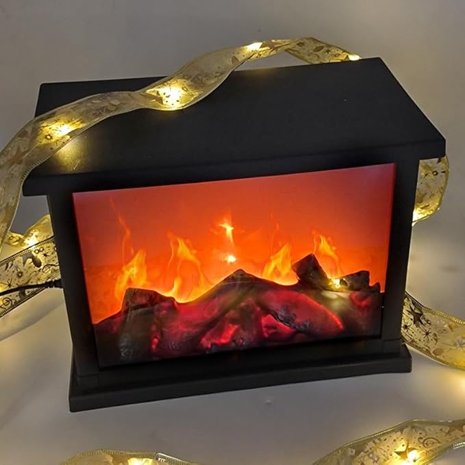 Simulated LED Fireplace Lantern USB & Battery Powered Flameless Light with Simulation Flame Table Decorative Lamp Mini Fireplace Ornament for Cozy Home Decor Free Standing Electric Log Burner
