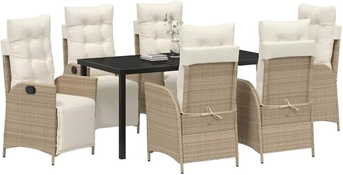 Afuera Living 7 Piece Poly Rattan Patio Dining Set, Cushions in Beige, Rectangular Table with Tempered Glass Top, Adjustable Footrests, Steel Frame, Seating for 6, Outdoor Garden or Backyard Dining