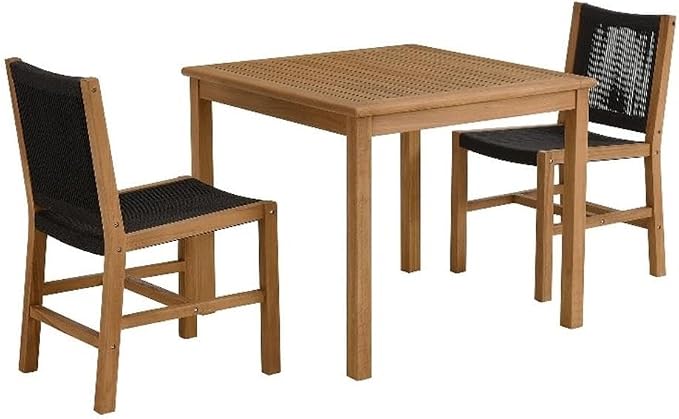 Modway Vienna Outdoor Patio Teak Wood 3-Piece Dining Set in Natural Black – Weather-Resistant Square Dining Table with Woven Rope Armless Chairs – Bistro Set for 2 – Chair Patio Set with Table