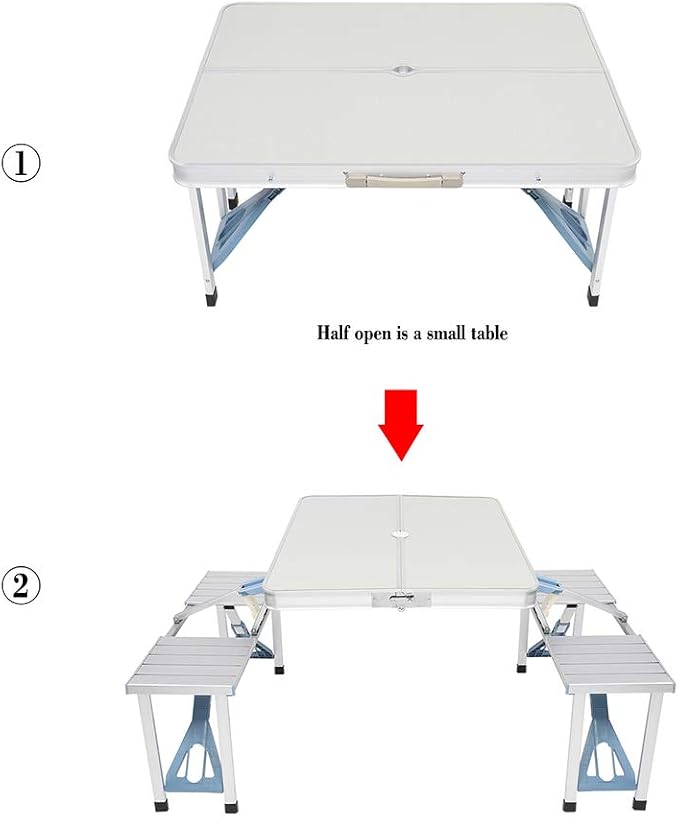 4FT Portable Folding Camping Picnic Table with Seats Chairs and Umbrella Hole, Lightweight Compact Aluminum Outdoor Camping Patio Fold Up Card Suitcase Table with Carry Handle
