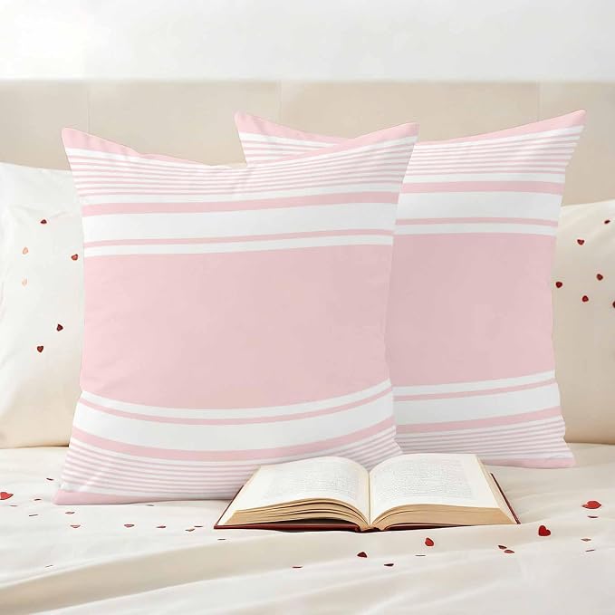 Outdoor Waterproof Throw Pillow Covers, Pink Striped Decorative Pillow Cases, Modern Color Block Farmhouse Stripes Couch Pillow Protector Patio Sofa Cushion Covers Replacement 26"x26" 2 Pack