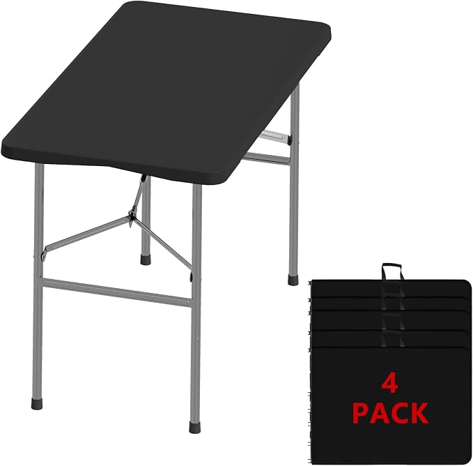 4FT Folding Tables – Heavy Duty Portable Foldable Picnic Table with Built-in Handle, 450 lb Capacity – Ideal for Events, Parties, Crafts, Camping & Dining (4-Pack, Black)