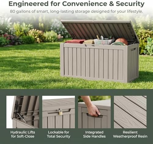80 Gallon Deck Box, Waterproof Resin Outdoor Storage Box with Lockable Lid, Patio Storage Box with Fade Resistant for Patio Furniture Cushions, Pool Accessories, Garden Tools, Light Coffee