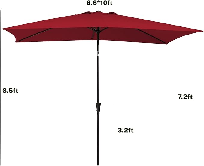 MEWAY 6.6 * 10ft Rectangular Patio Umbrella Market Outdoor Garden Table Deck Backyard Pool Sunshade Umbrella with Tilt, Crank and UV Protection(6.6 * 10 ft, Red)