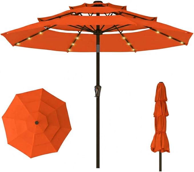 10ft 3-Tier Patio Umbrella with 32 Solar Powered LED Lights, Windproof Outdoor Market Umbrella for Deck, Poolside & Garden, Sturdy Push-Button Tilt Table Umbrella, Terracotta