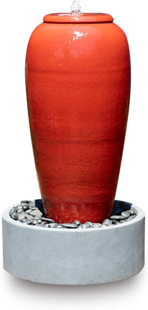 PLANTATOREM Long-Lasting Modern Ceramic Tall Jar Water Fountain with Framed Reservoir - Indoor/Outdoor Fountain for Patio, Deck, or Yard (Lavish Red, 20.0" D x 36.0" H)