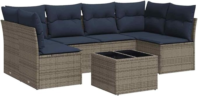 vidaXL Patio Sofa Set with Cushions 7 Piece, Patio Furniture with Glass Table, Outdoor Conversation Set, Modern Style, Gray Poly Rattan