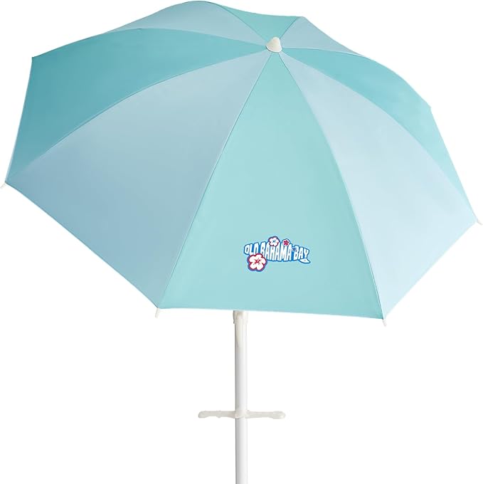 Old Bahama Bay 8ft Beach Umbrella with Screw Sand Anchor & Tilt Mechanism, UPF 50+ UV Protection, Windproof Heavy Duty Portable Sun Shelter with Carry Bag for Patio, Garden, Pool & Backyard, Teal/Blue