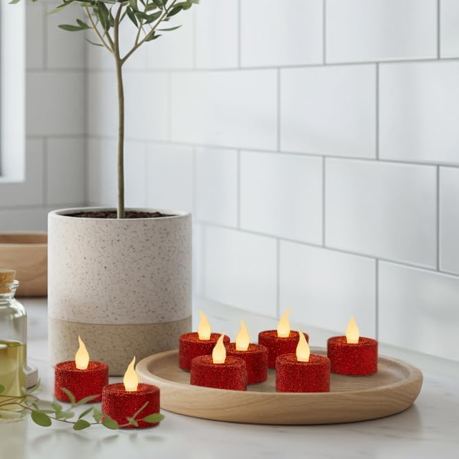 FURORA LIGHTING Red Glitter LED Tealight Candles Pack of 12, Flameless Flickering Tealight Candles for Home Décor, 1.5’’(W) x 1.65’’(H), Battery Operated