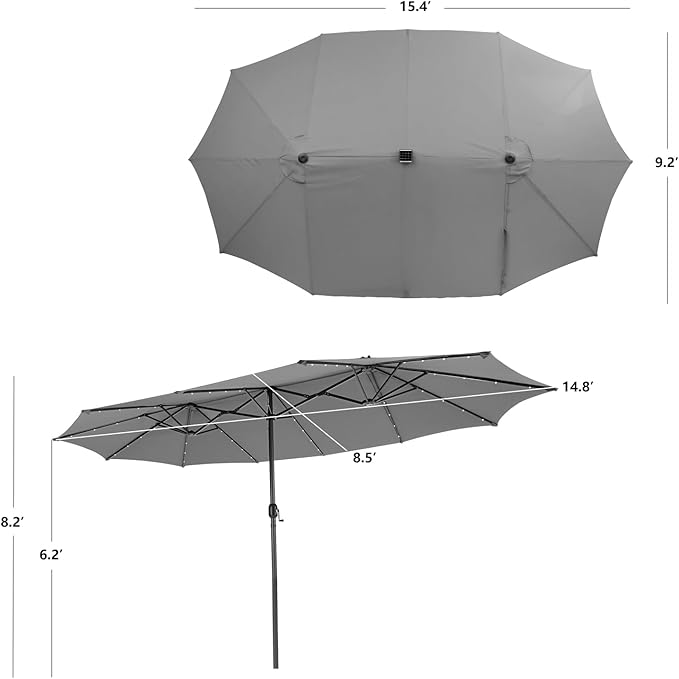 Giantex 15 FT Double Patio Umbrellas with 48 Solar LED Lights, Auto-Charging Panel, Crank System, Outdoor Extra-Large Rectangle Market Table Umbrella for Garden Deck Backyard Beach Pool