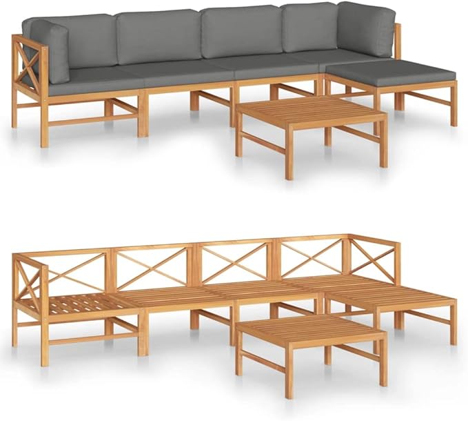 Backyard Furniture Patio Conversation Sets Outdoor Seating 6 Piece Patio Lounge Set with Gray Cushions Solid Teak Wood Suitable for Swimming Pool, Courtyard, Garden