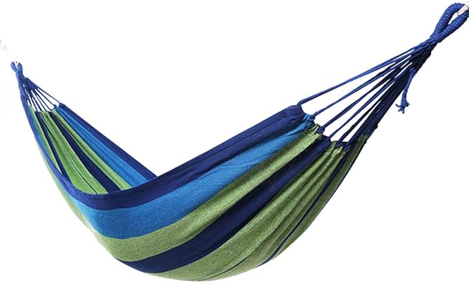 Double Canvas Hammock Swing for Outdoor and Indoor Use, Thickened Widened Portable Travel Hammock for Camping and Patio, Blue Sturdy Cotton Fabric Suitable for Adults
