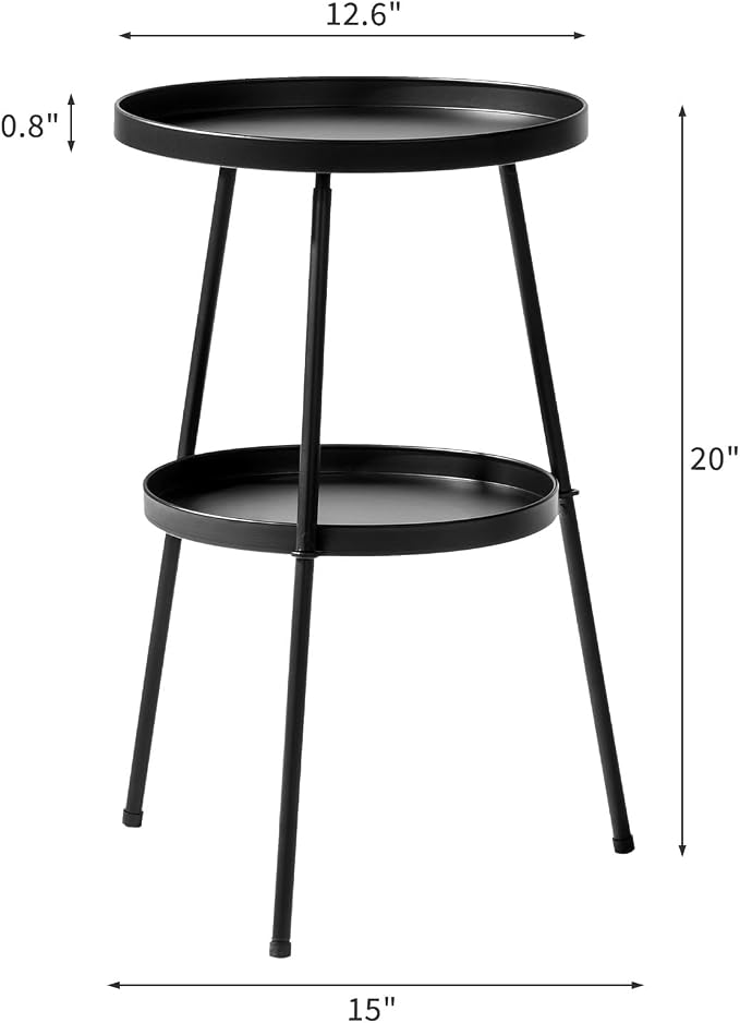 Outdoor Side Table 2 Tier End Table Metal Round Coffee Tables Nightstand for Small Spaces Indoor Outdoor and Living Room Bedroom or Office (Black)