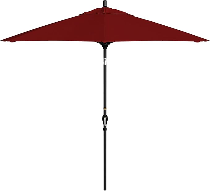 California Umbrella 9' Round Aluminum Market Umbrella, Crank Lift, Push Button Tilt, Black Pole, Red Olefin