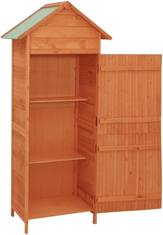 Wooden Outdoor Storage Cabinet for Patio Deck Poolside Tools, 16.7"x25.2"x74.8", Compact Design with Polyester Roof & Water-Based Paint Finish