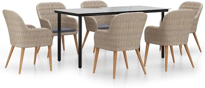 7 Piece Patio Dining Set with Cushions, Solid Acacia Wood and Tempered Glass Table, Powder-Coated Steel Frame for Outdoor Garden