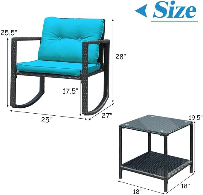 3PCS Patio Rattan Furniture Set Rocking Chairs Cushioned Conversation