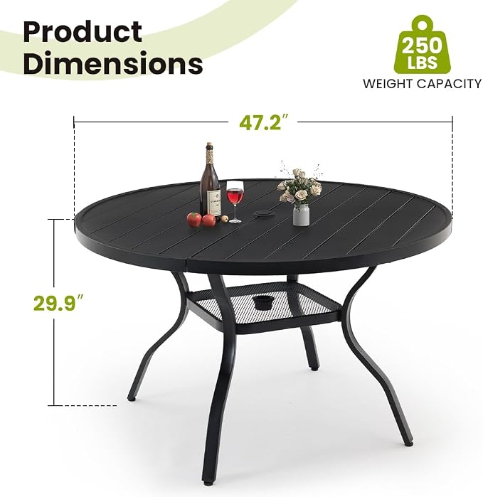 47.2 Inch Outdoor Dining Table for 6 – E-Coating Metal Round Patio Table with Adjustable 1.57" Umbrella Hole, All-Weather Table for Porch, Garden, Backyard, Poolside, Lawn