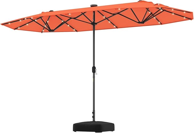 HAPPYGRILL Double-Sided Patio Umbrella with Solar Lights, 13FT Large Umbrella with Base Included, Crank Handle, Market Twin Table Umbrella for Outdoor Backyard Garden Poolside