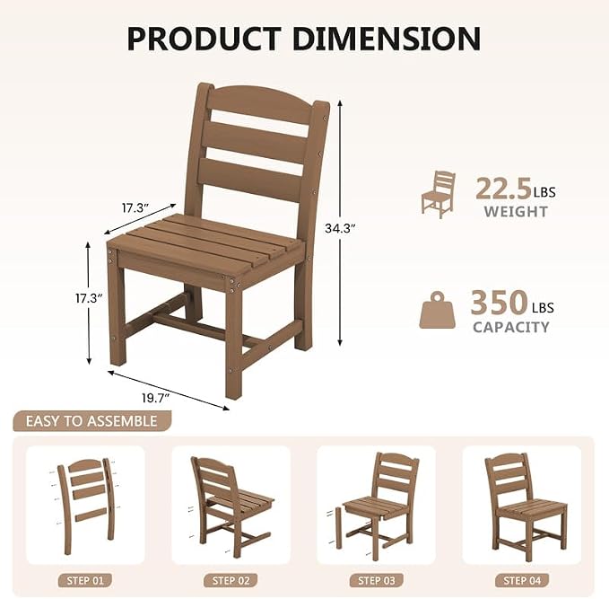 KINGYES 5-Piece HDPE Outdoor Dining Set for 4, Square Patio Table & Armless Chairs with Umbrella Hole, All-Weather Patio Dining Set for Backyard, Garden, Lawn & Poolside, Brown