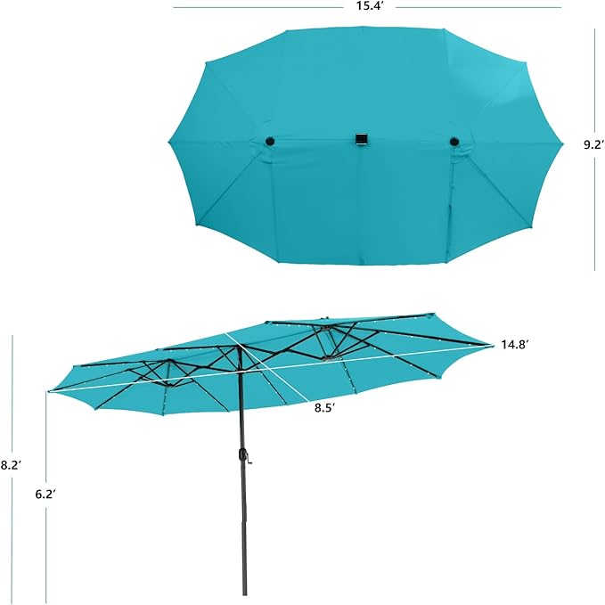 Giantex 15 FT Double Patio Umbrellas with 48 Solar LED Lights, Auto-Charging Panel, Crank System, Outdoor Extra-Large Rectangle Market Table Umbrella for Garden Deck Backyard Beach Pool