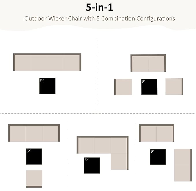 ANJ 5 Piece Outdoor Wicker Patio Furniture Set, Modular Loveseat Sofa with with Glass Top Coffee Table, All-Weather Rattan Conversation Couch Set for Balcony, Backyard, Light Grey Wicker-Camel