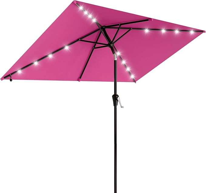 AreShark 6.5' x 10' Rectangular Patio Umbrella with Solar Lights, Solar Powered Lighted Market Umbrella w/Tilt and Crank, Outdoor Table Umbrella for Garden, Deck, Backyard, Pool and Beach, Rose Pink
