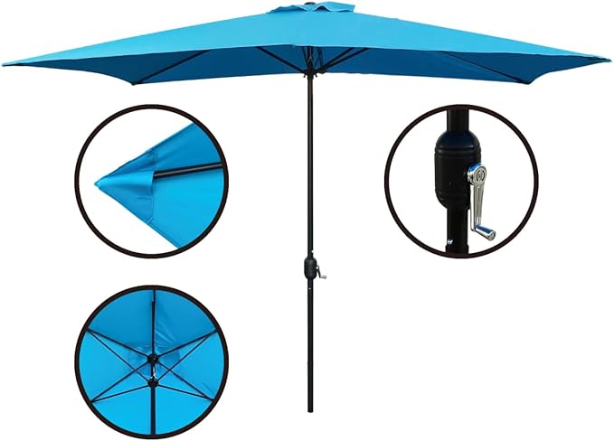 Abble Patio Umbrella, 10 Ft x 6.5 Ft, Aqua Color, Polyester Fabric, Crank Handle, Weather Resistant