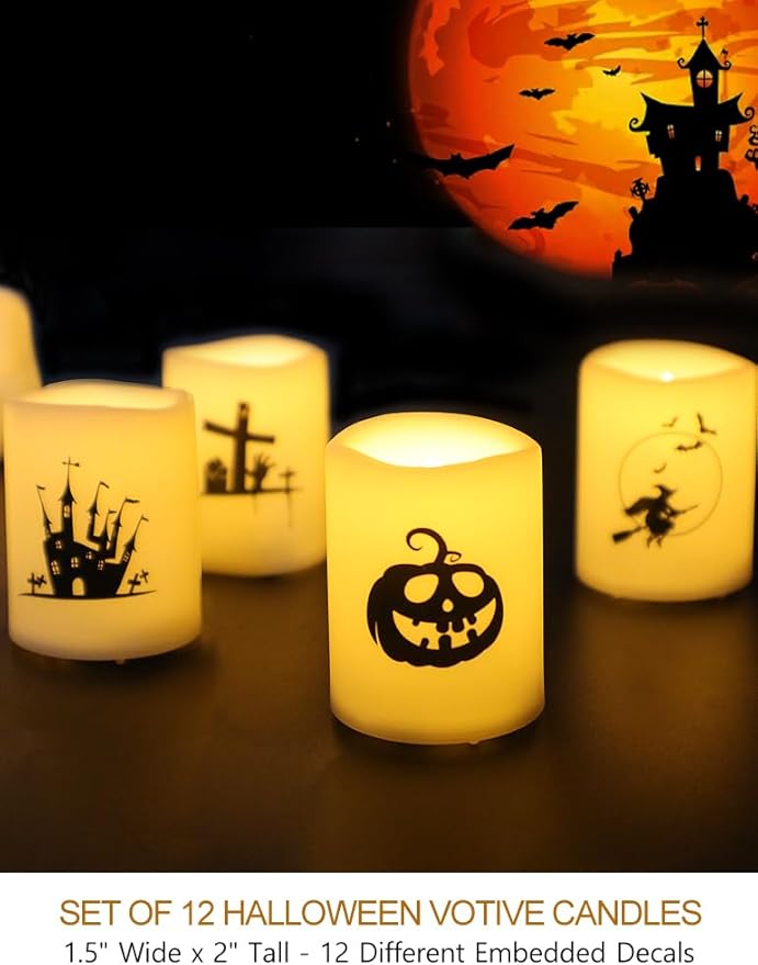 Set of 12 Halloween Votive Candles Battery Operated (White Body, Warm White Flicker) - Flameless Unscented Candles with Halloween Decals - LED Flickering Flameless Votive Candle