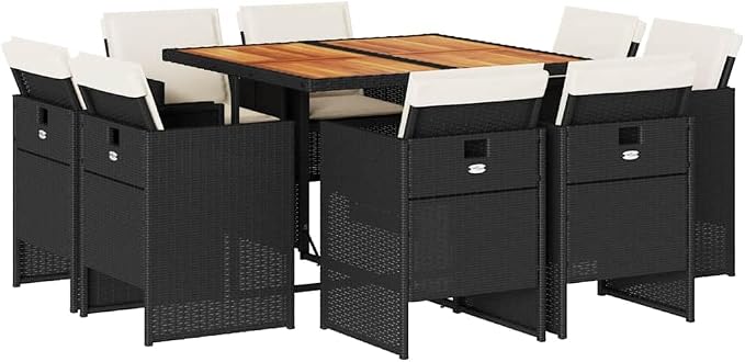 9-Piece Garden Dining Set, Outdoor Patio Furniture Table and 8 Foldable Chairs with Cream Removable Cushion, Modern PE Poly Rattan and Acacia Wood Dinette for Backyard, Deck and Terrace