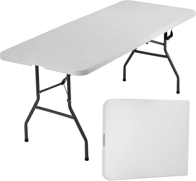 6FT Folding Table, Fold-in-Half Portable Plastic Table with Handle, Heavy Duty HDPE, 500 lbs Capacity, Waterproof & Scratch-Resistant, Locking Legs, Anti-Slip Feet for Indoor Outdoor Party Picnic