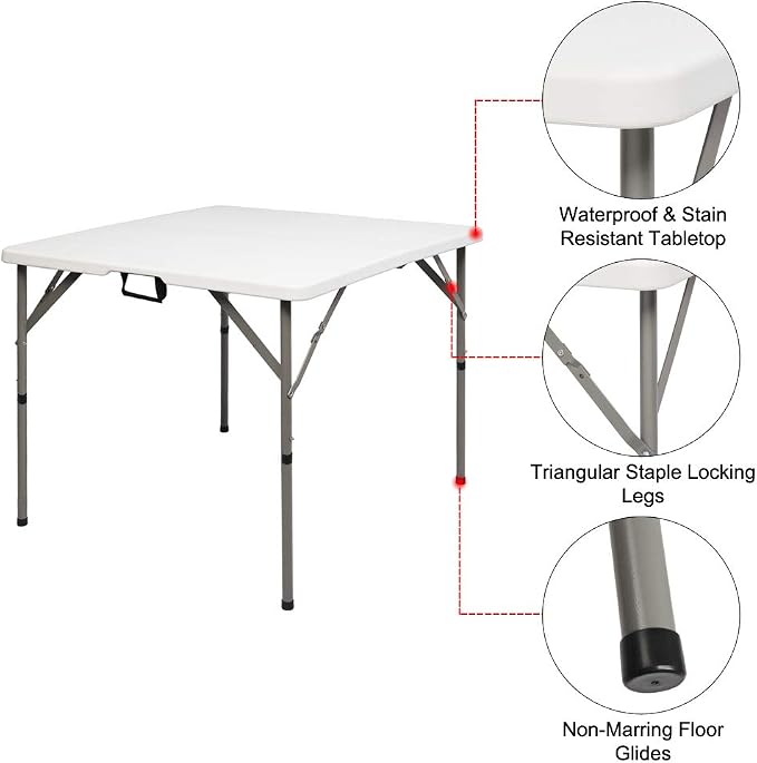 Outvita Plastics Folding Table Height Adjustable Indoor Outdoor Square Picnic Table with Carry Handle, Lock for Camping, Party, Picnic, BBQ White