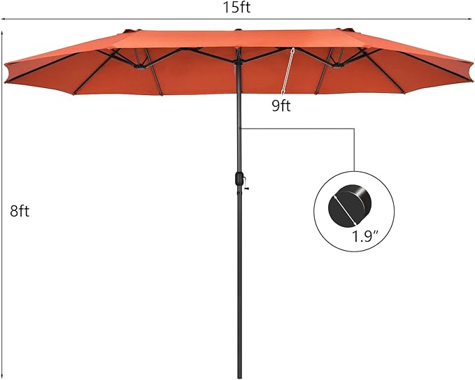 Tangkula 15Ft Double-Sided Patio Umbrella, Outdoor Extra Large Umbrella W/Hand-Crank System & Air Vents, Market Twin Umbrella W/ 12-Rib Sturdy Metal Frame for Poolside, Garden Backyard (Orange)